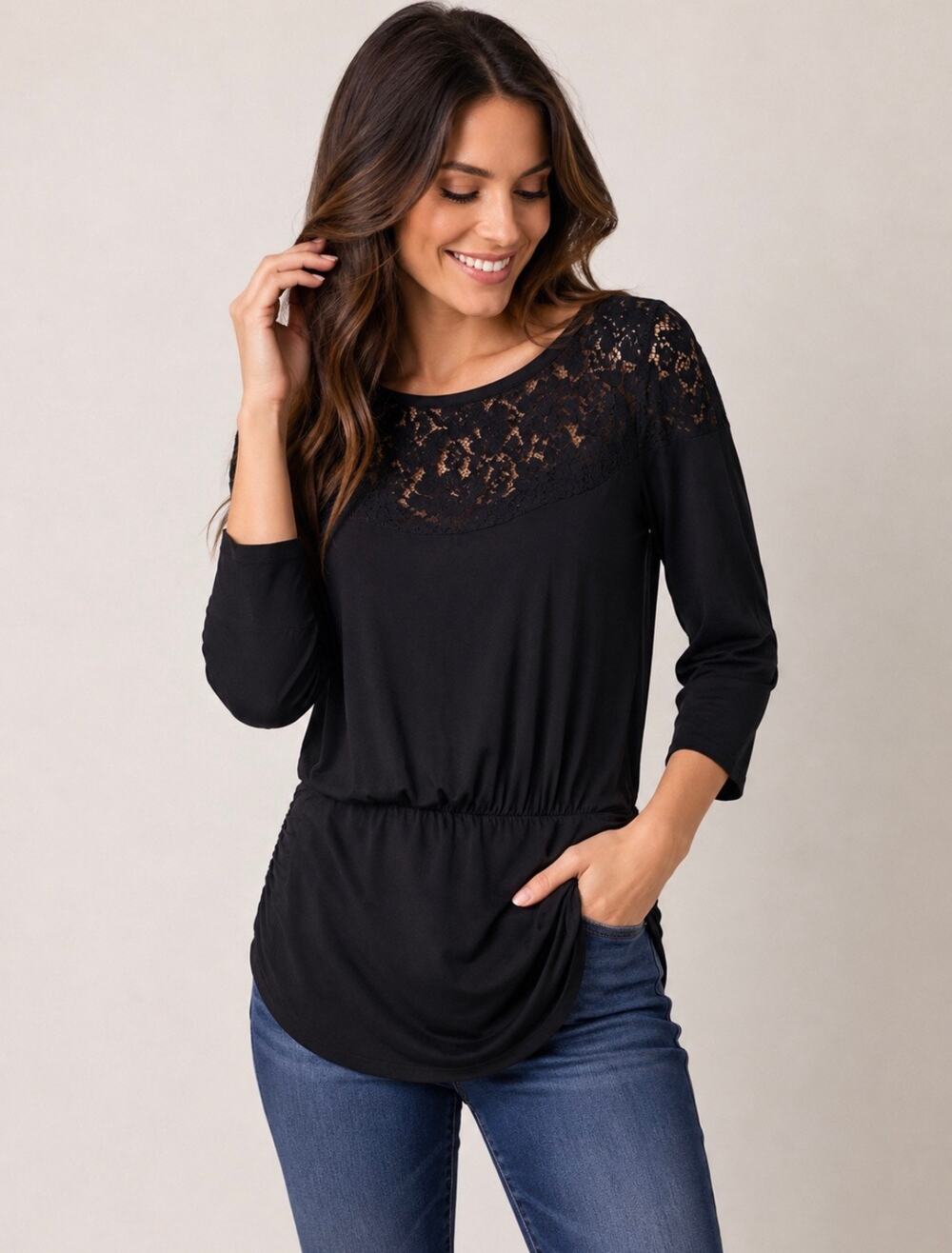 Boston Proper Black Floral Lace Yoke Blouson Tunic Top Long Sleeve NWT, size M